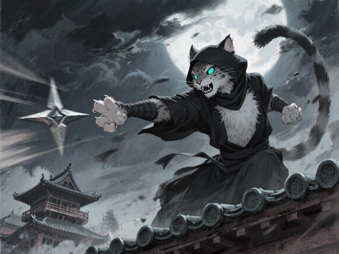 Furry Ninja Lynx Throws Shuriken in Anime Style