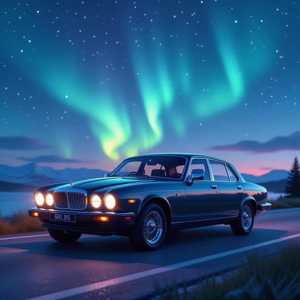 Classic Jaguar Bathed in Aurora Borealis Light