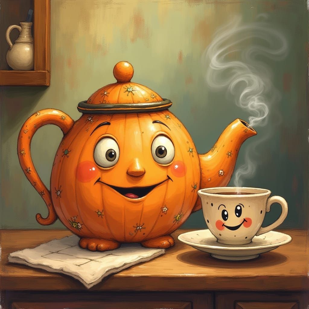 Anthropomorphic Teapot and Teacup with Halloween Motifs