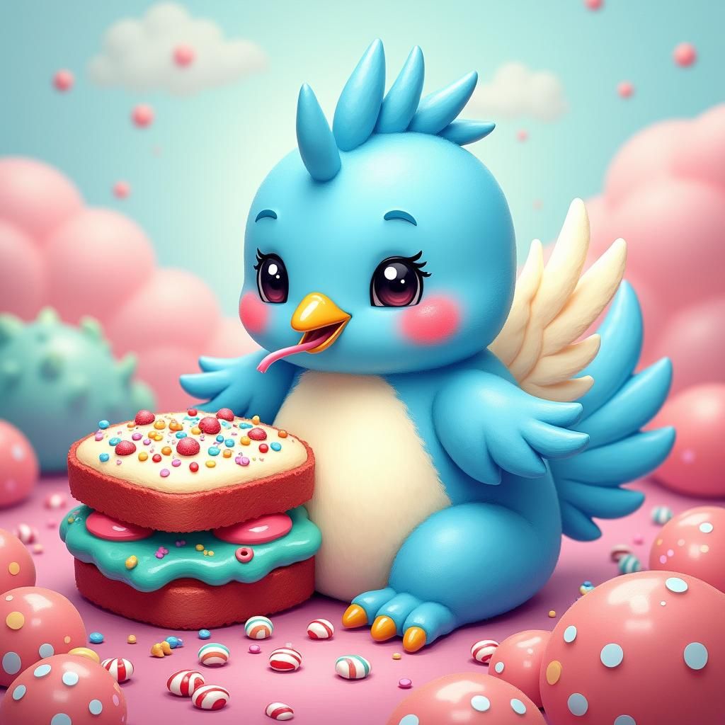 Whimsical Baby Phoenix in Candyland Gouache Painting