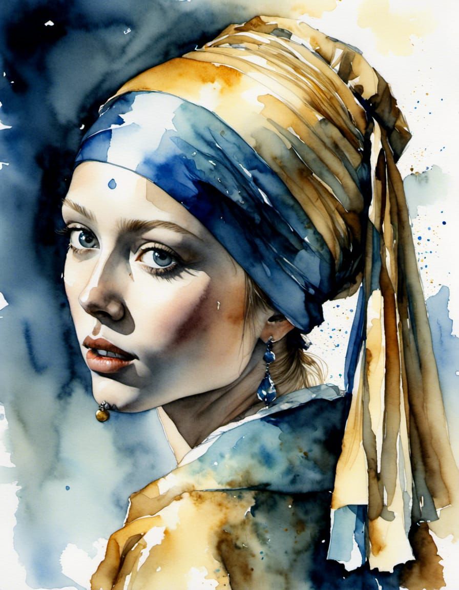 Girl with a Pearl Earring in Watercolor Style