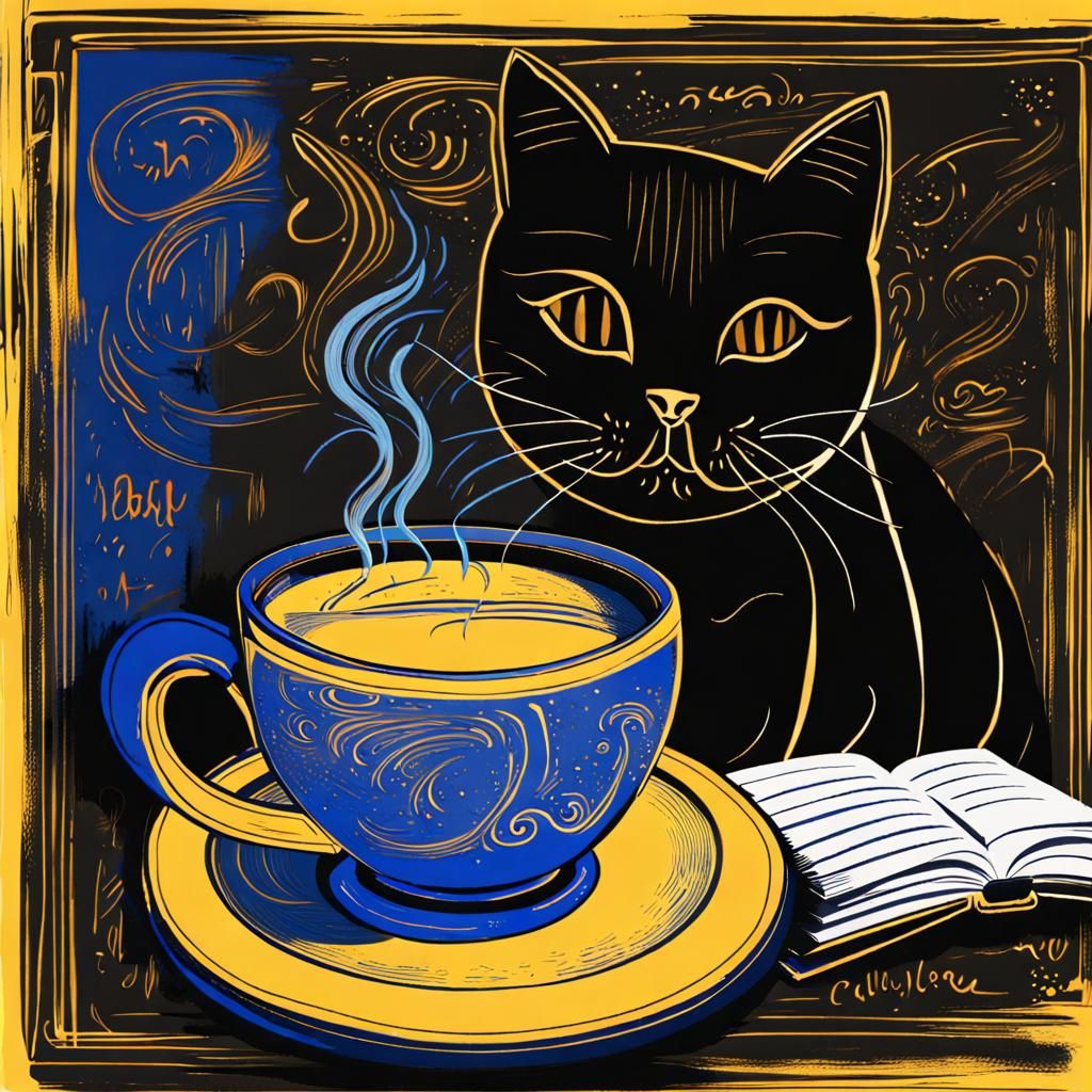 Abstract Cat and Tea in Caligrafiturism Style