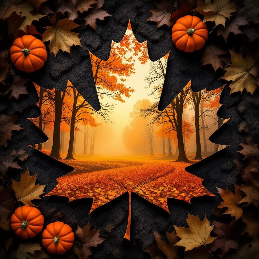 Autumn Scene Inside Maple Leaf Shape