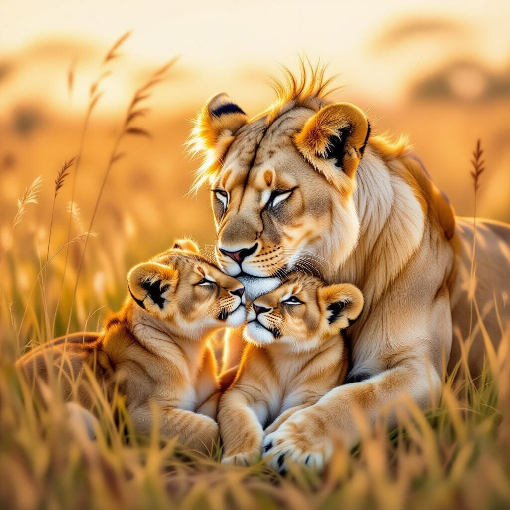 Lioness Nuzzling Cubs in Savanna, Soft Pastel Drawing