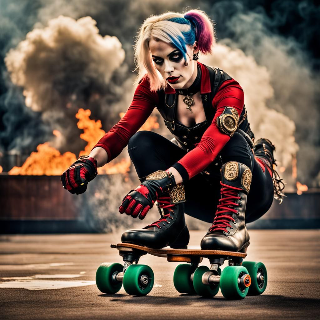 Steampunk Harley Quinn Roller Derby on Fire