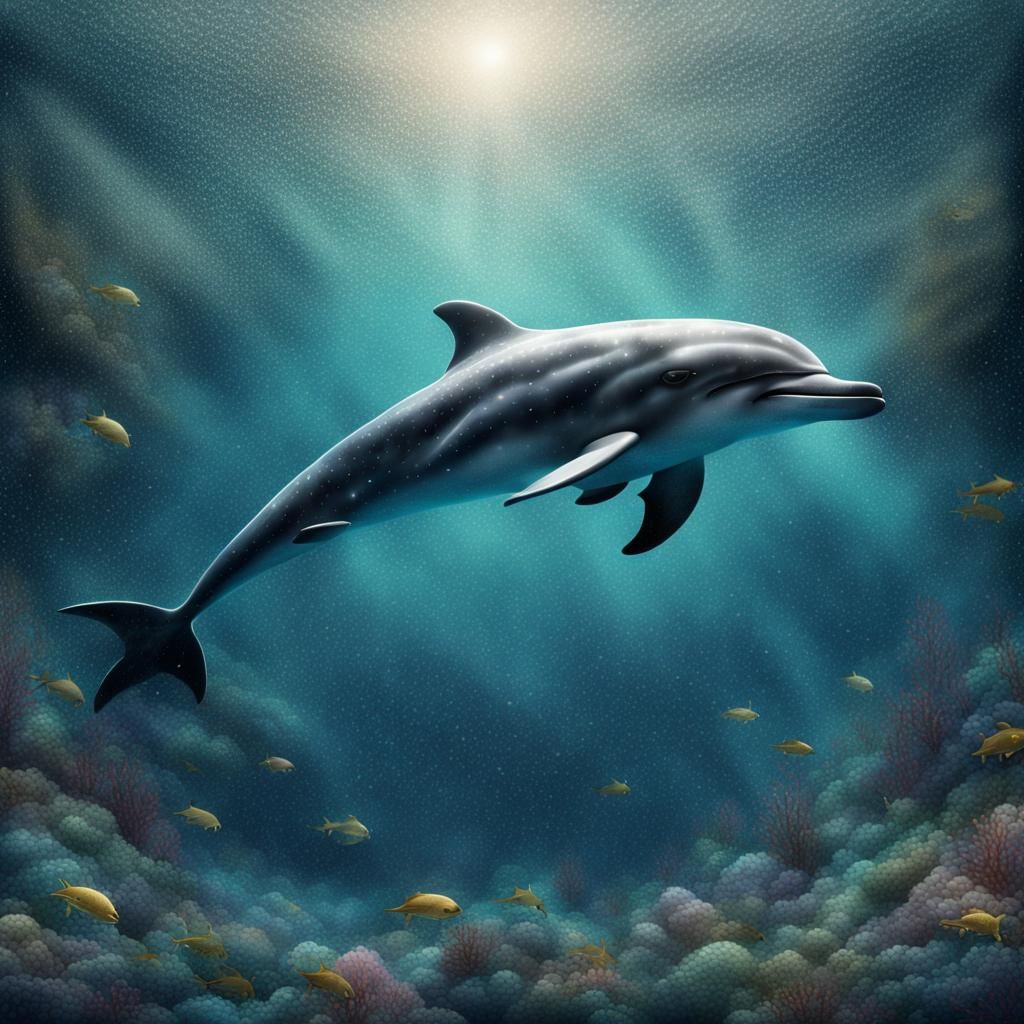 Mosaic Underwater Dolphin Scene in Pointillism Style