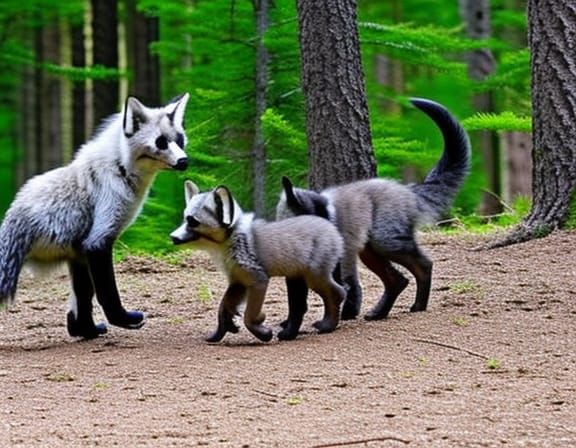Silver Fox playing with young Kits