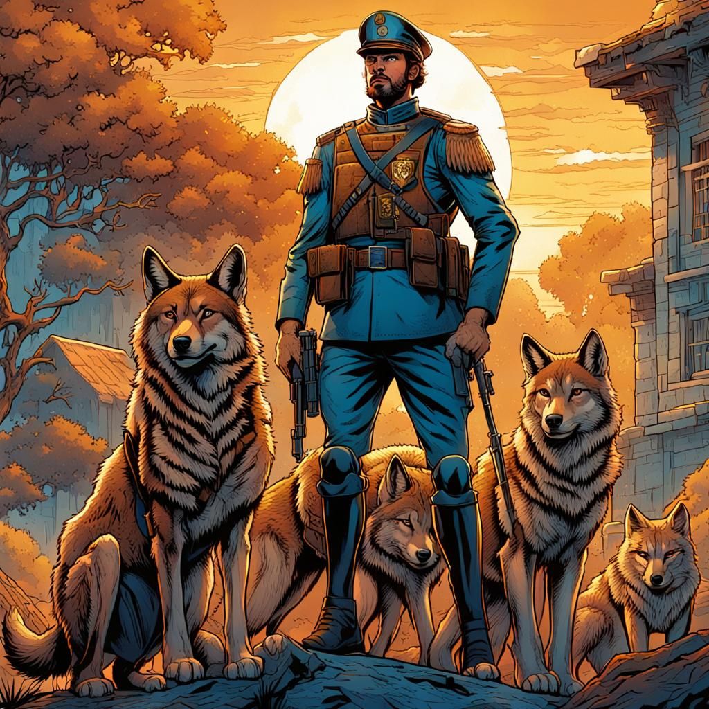 Portuguese Soldier with Iberian Wolf and Lynx Companions