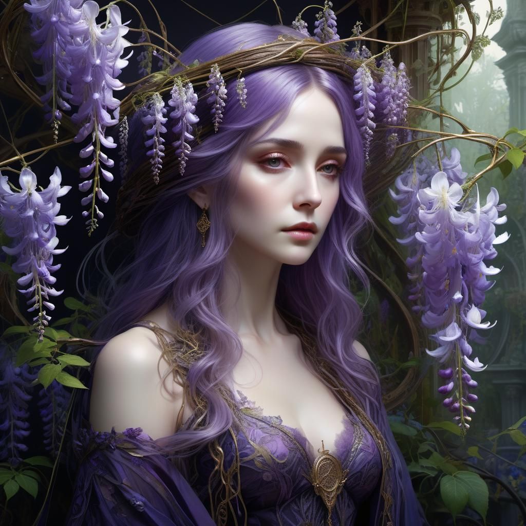 Sad Witch in Mystical Garden with Floral Tracery