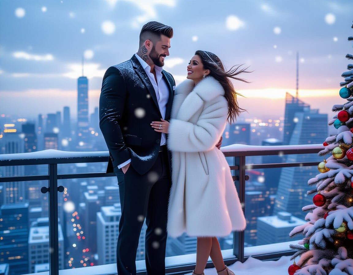 Glamorous Couple on Balcony Overlooking Snowy Metropolis