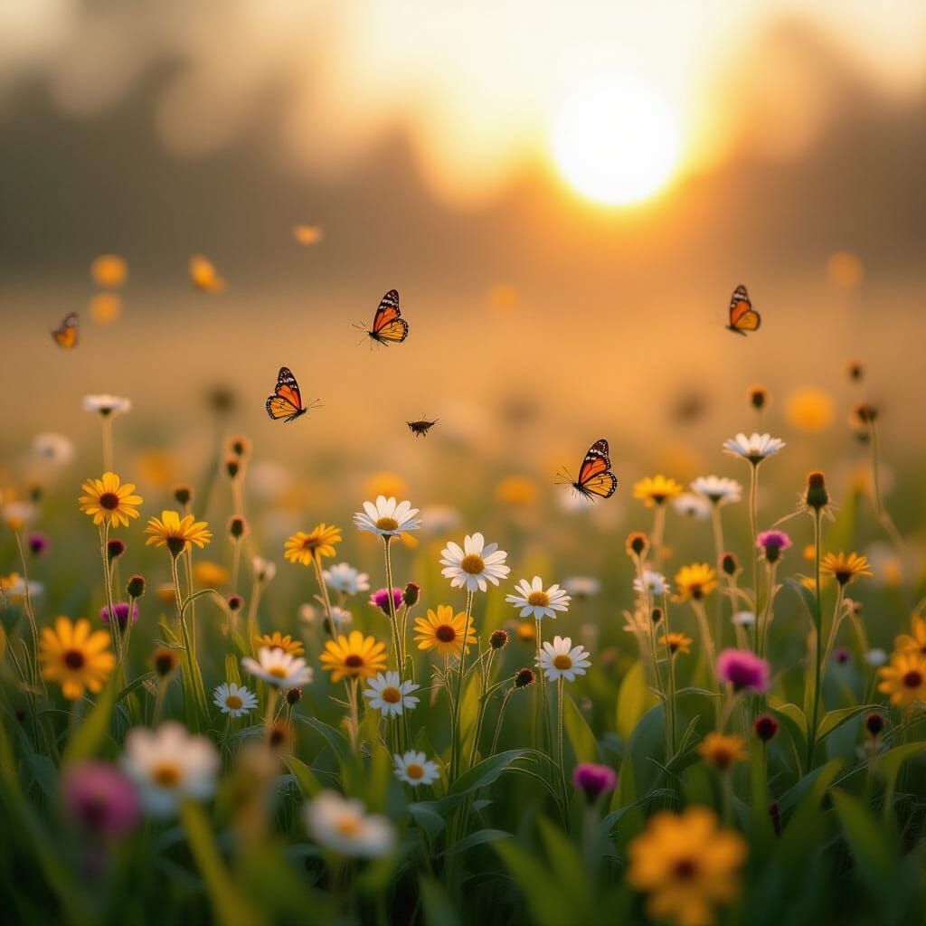 Vibrant Meadow at Dawn with Wildlife and Golden Light