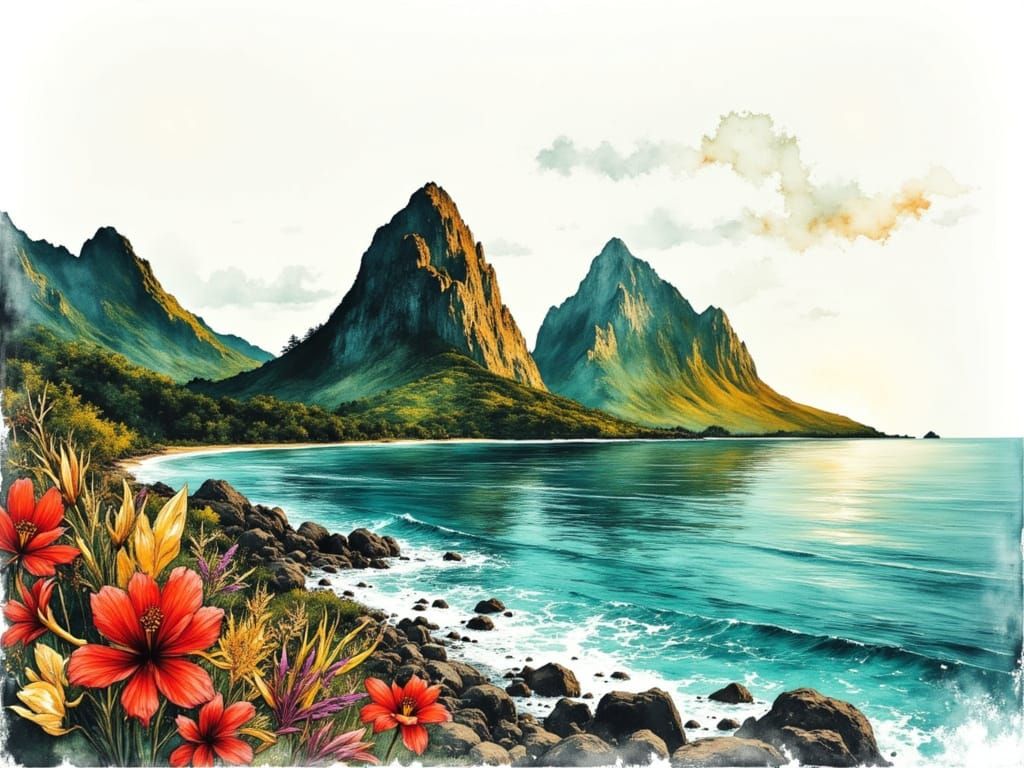 Tropical Volcanic Spires in Dreamy Watercolor Style