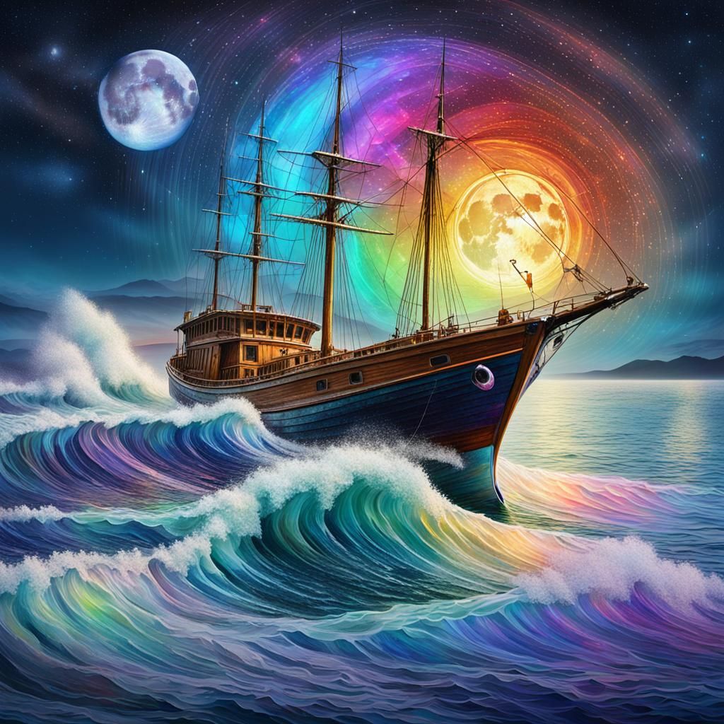 Ocean Boat with Rainbow Moon: Cosmic Illustration