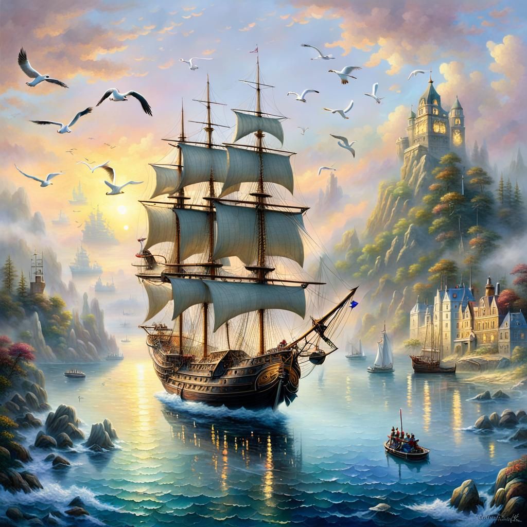 British Galleon Anchored in Golden Light, Luminous Painting