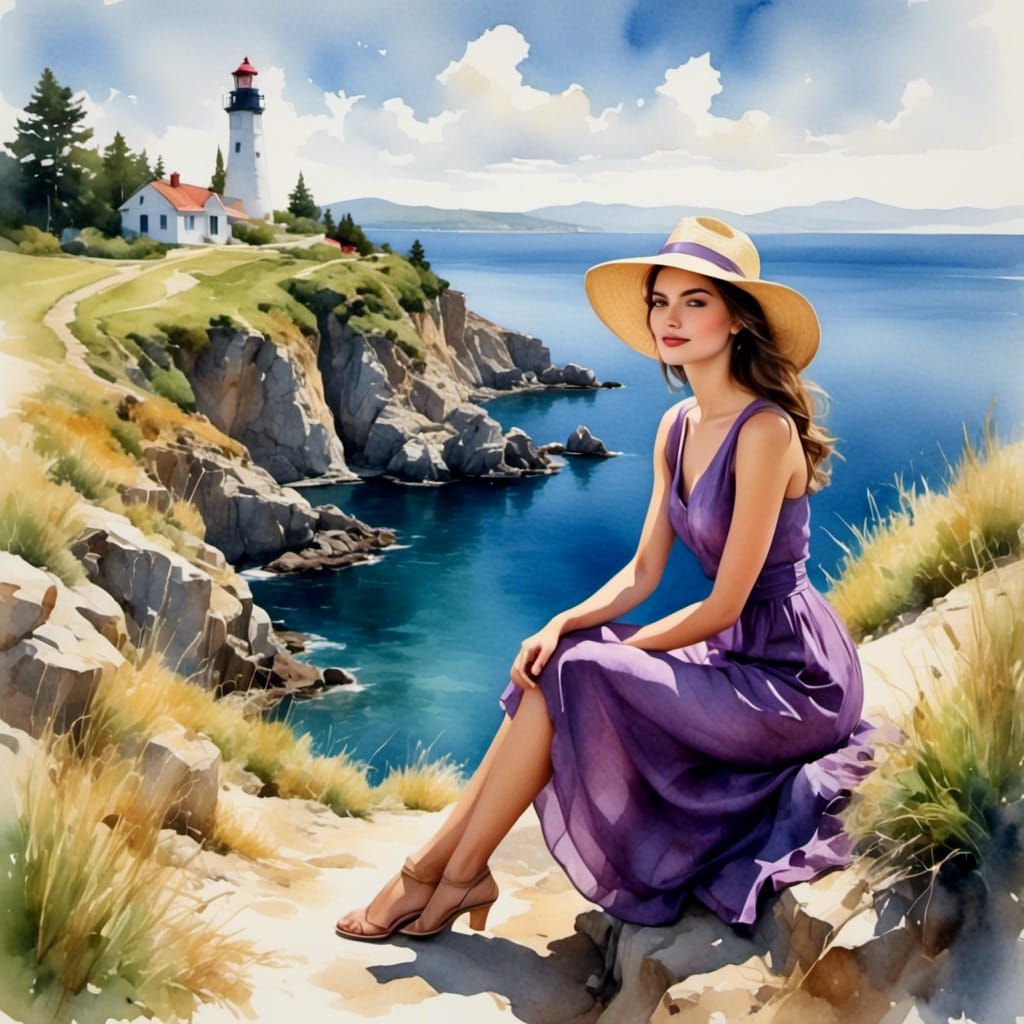 Watercolor Painting of Woman with Lighthouse View