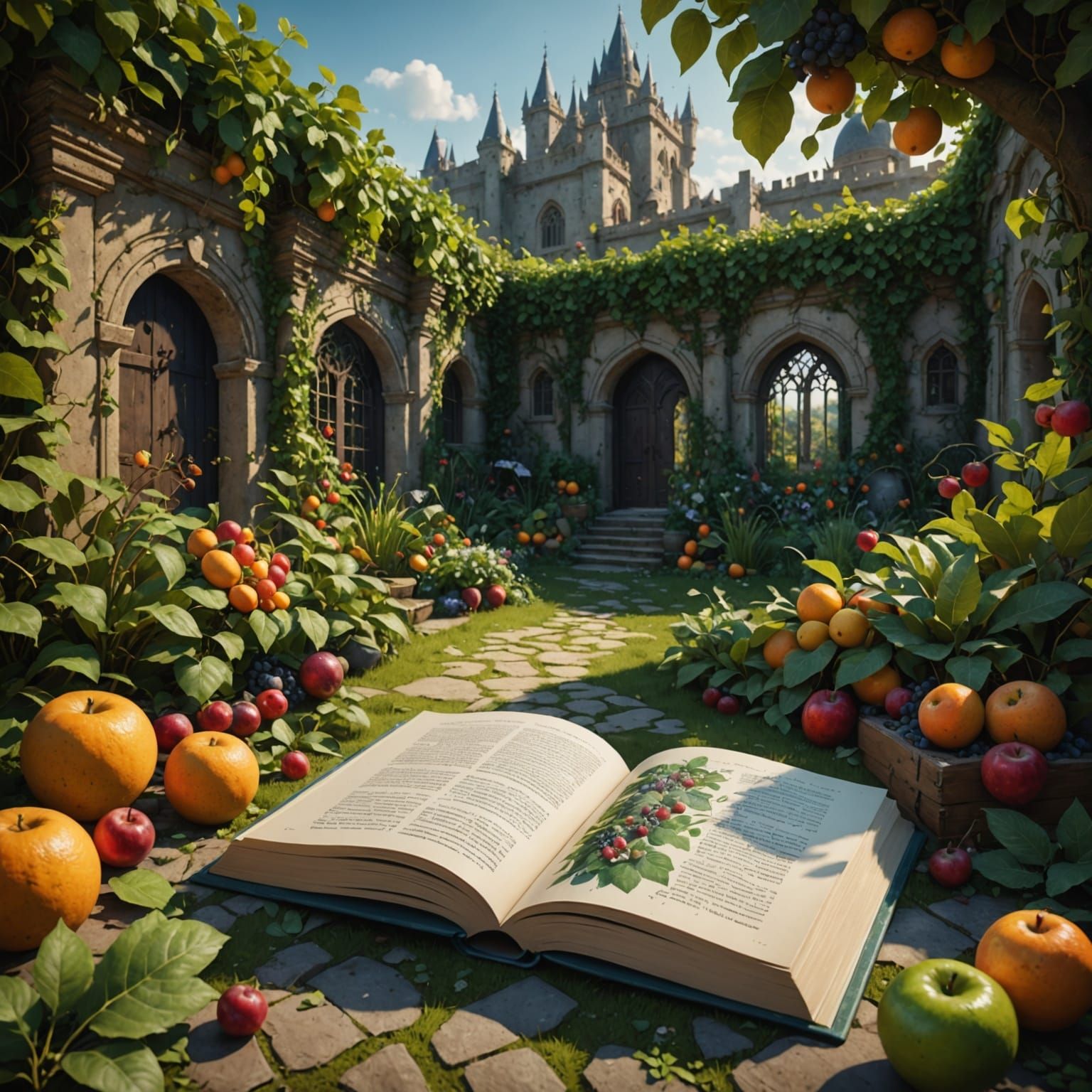 Vibrant Garden Oasis with an Ancient Tome