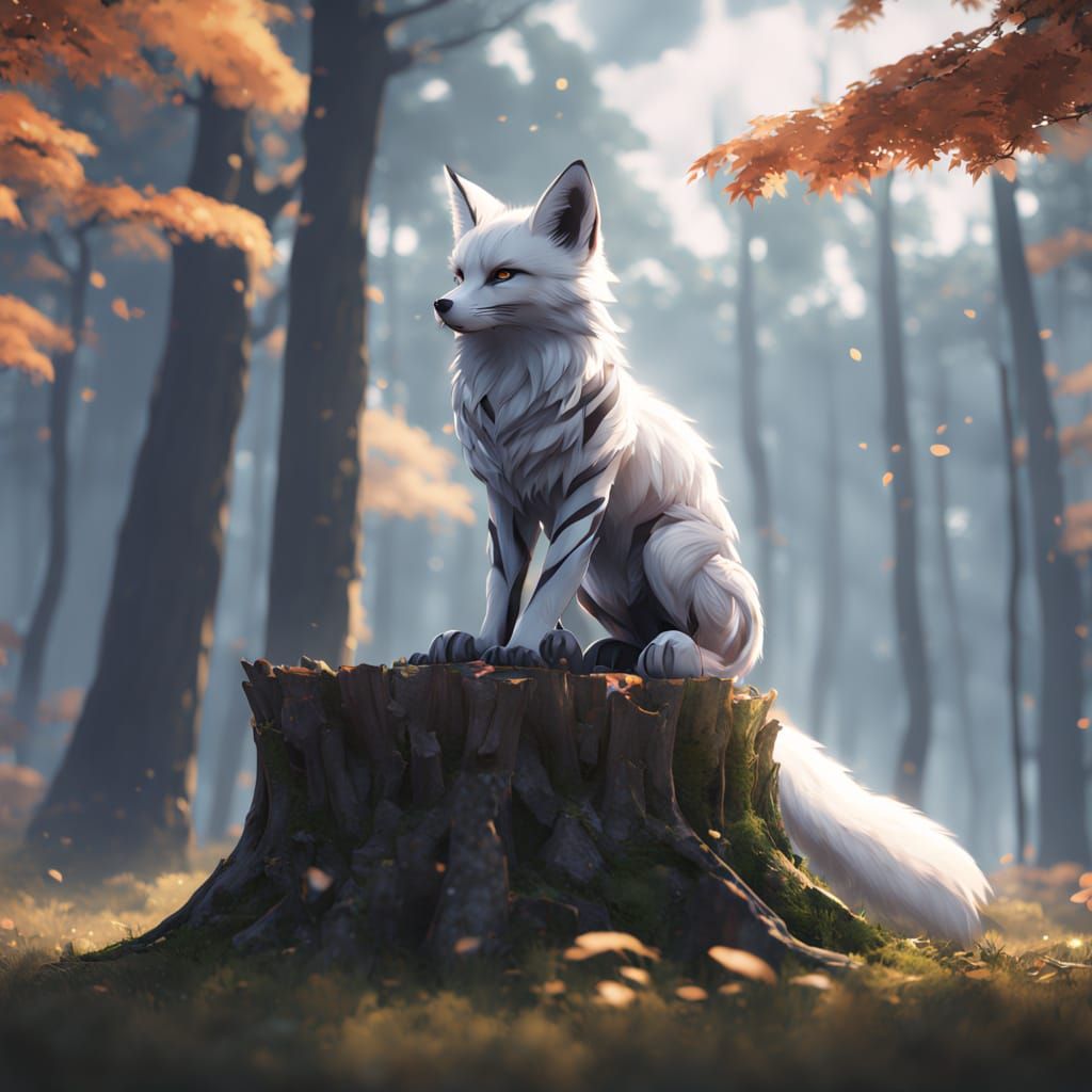 Majestic Black and White Striped Fox in a Misty Anime Forest