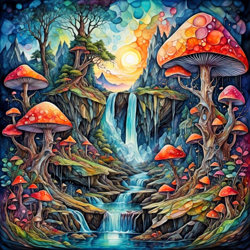 Cubist Fairytale Landscape with Waterfall in Watercolor Styl...