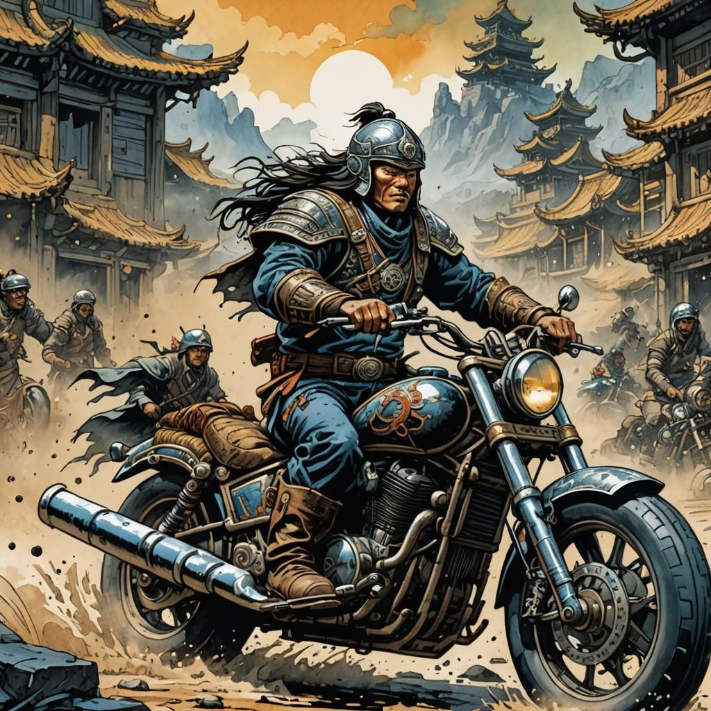 Mongolian Raider on Motorcycle in Comic Book Style