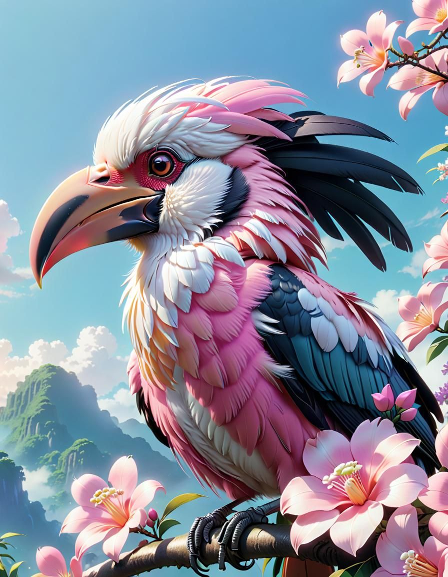 Adorable Pink Hornbill Bird in Anime Style