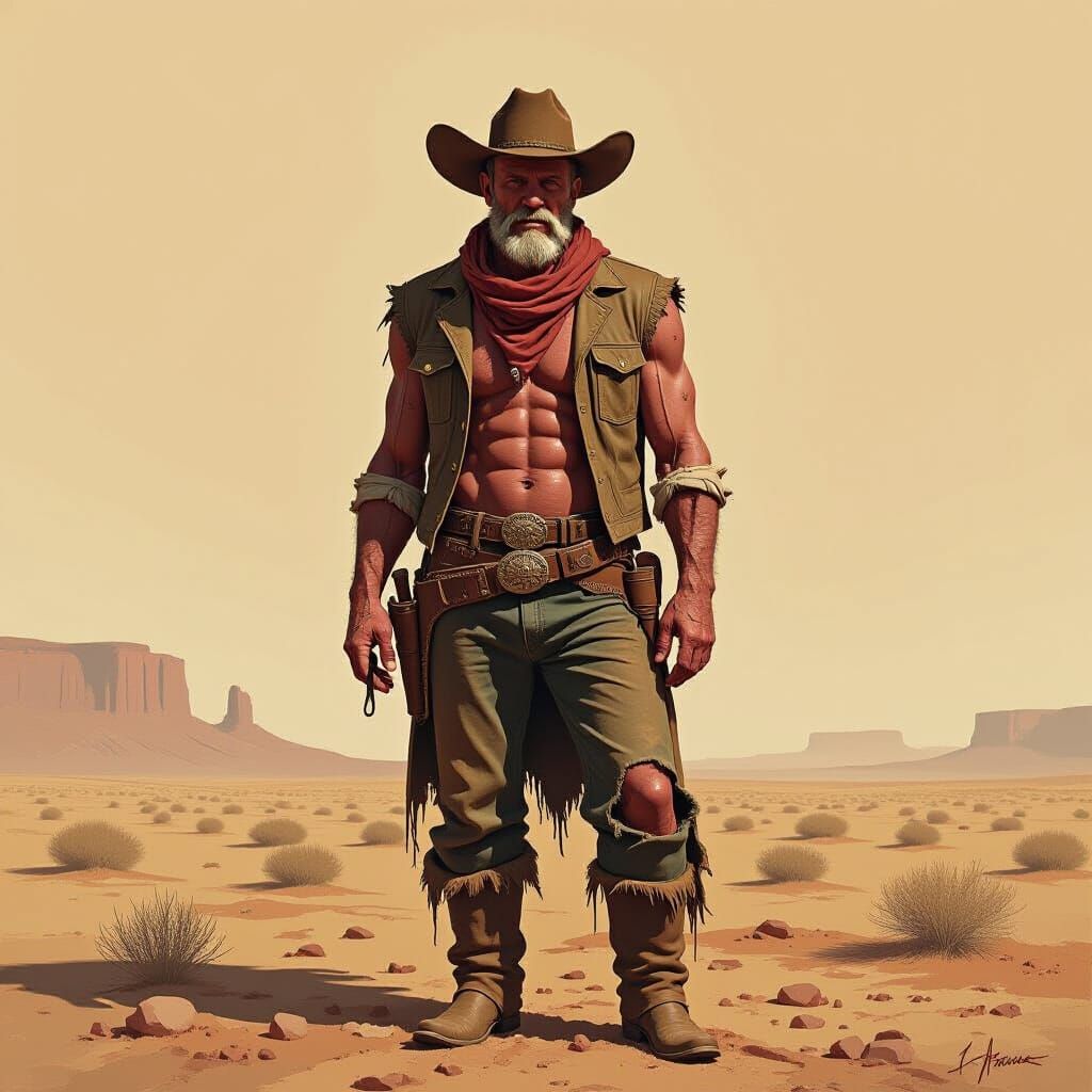 Raw Beef Cowboy in Desolate Landscape