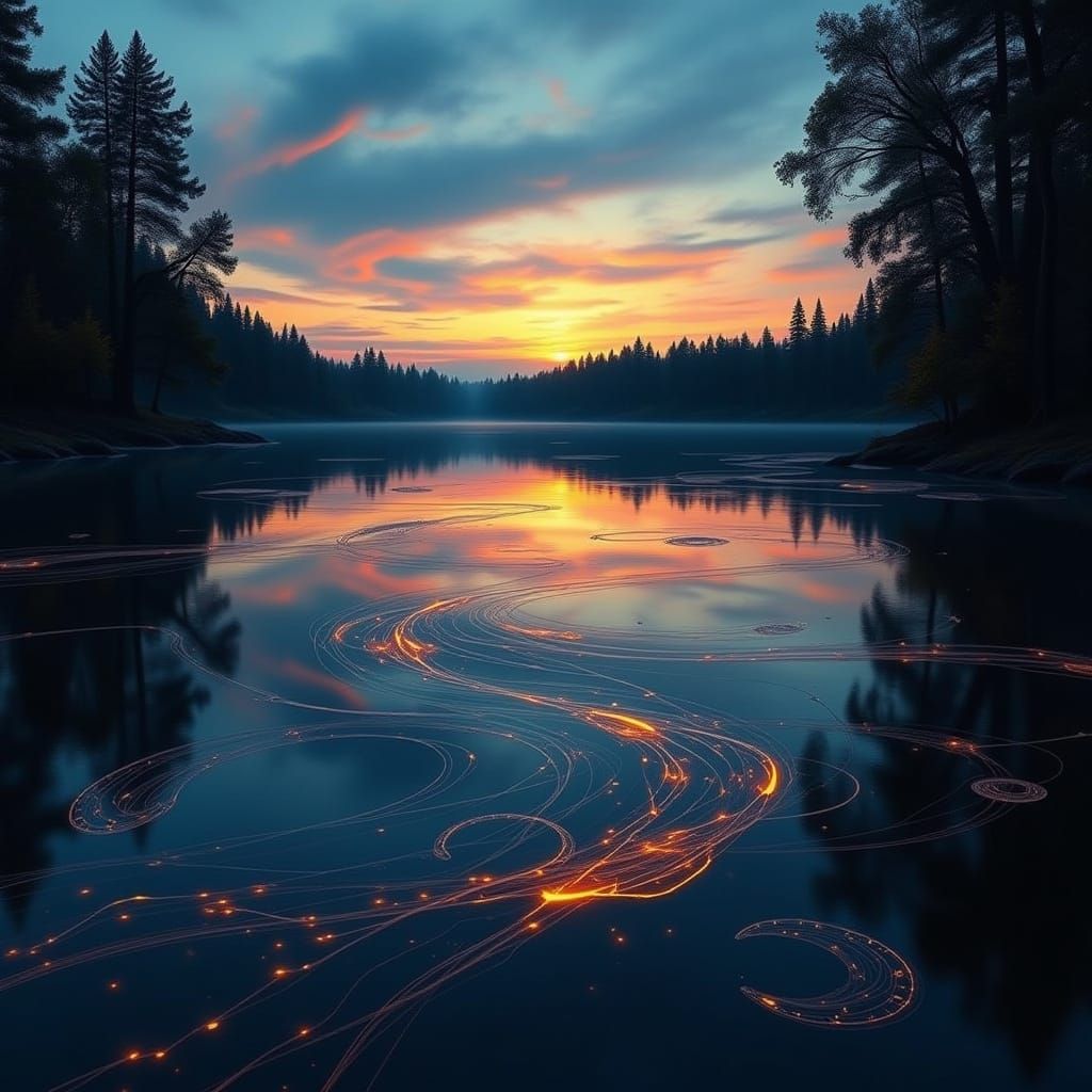 Surreal Twilight Lake with Abstract Reflections and Symbols