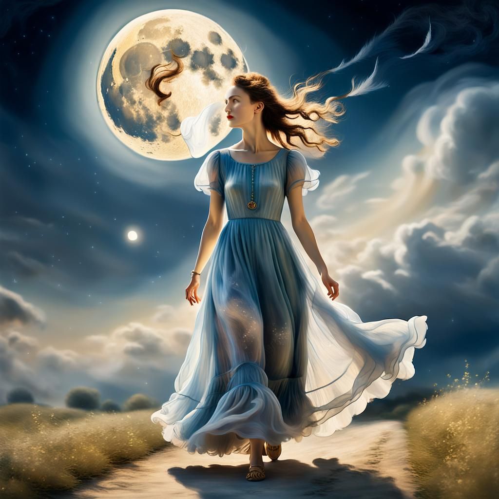 Woman Walking to the Moon in Surreal Style
