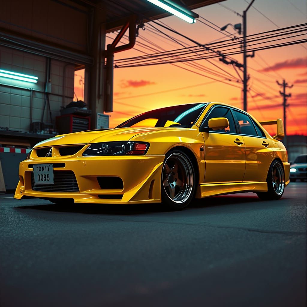 Mitsubishi Lancer EVO 7 at Tokyo Sunset in Kodachrome