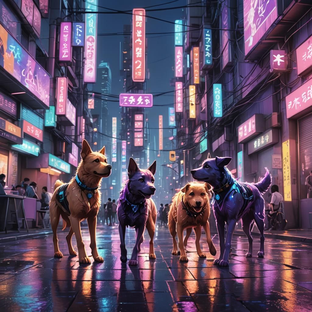 Dogs Playing in Futuristic City: 3D Anime Art