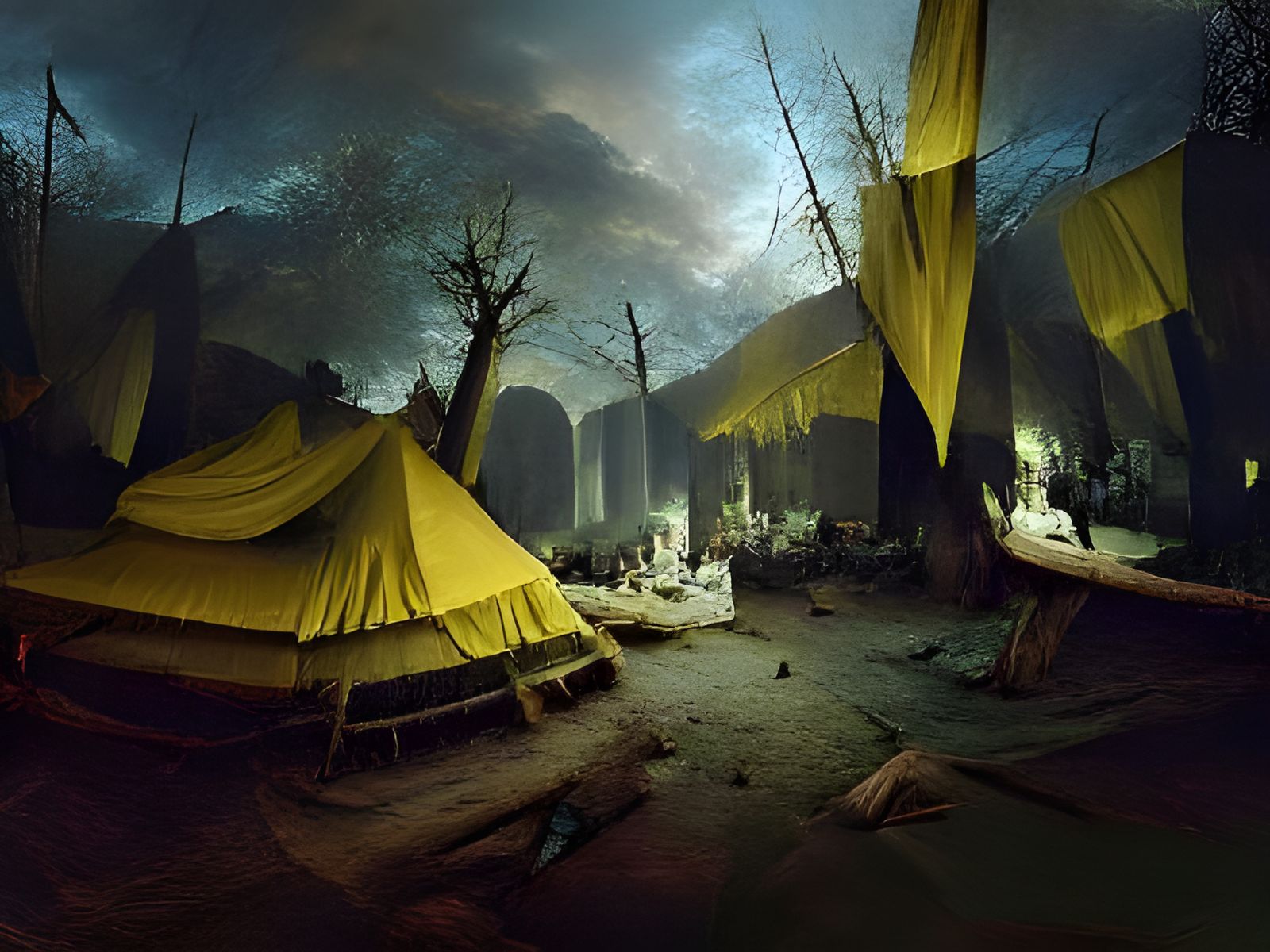 Apocalyptic Tent Village in Dead Forest: Hyperrealism