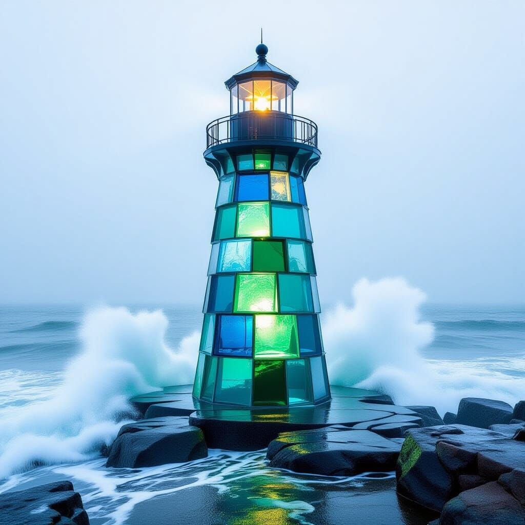 Sea Glass Lighthouse with Foggy Coastline