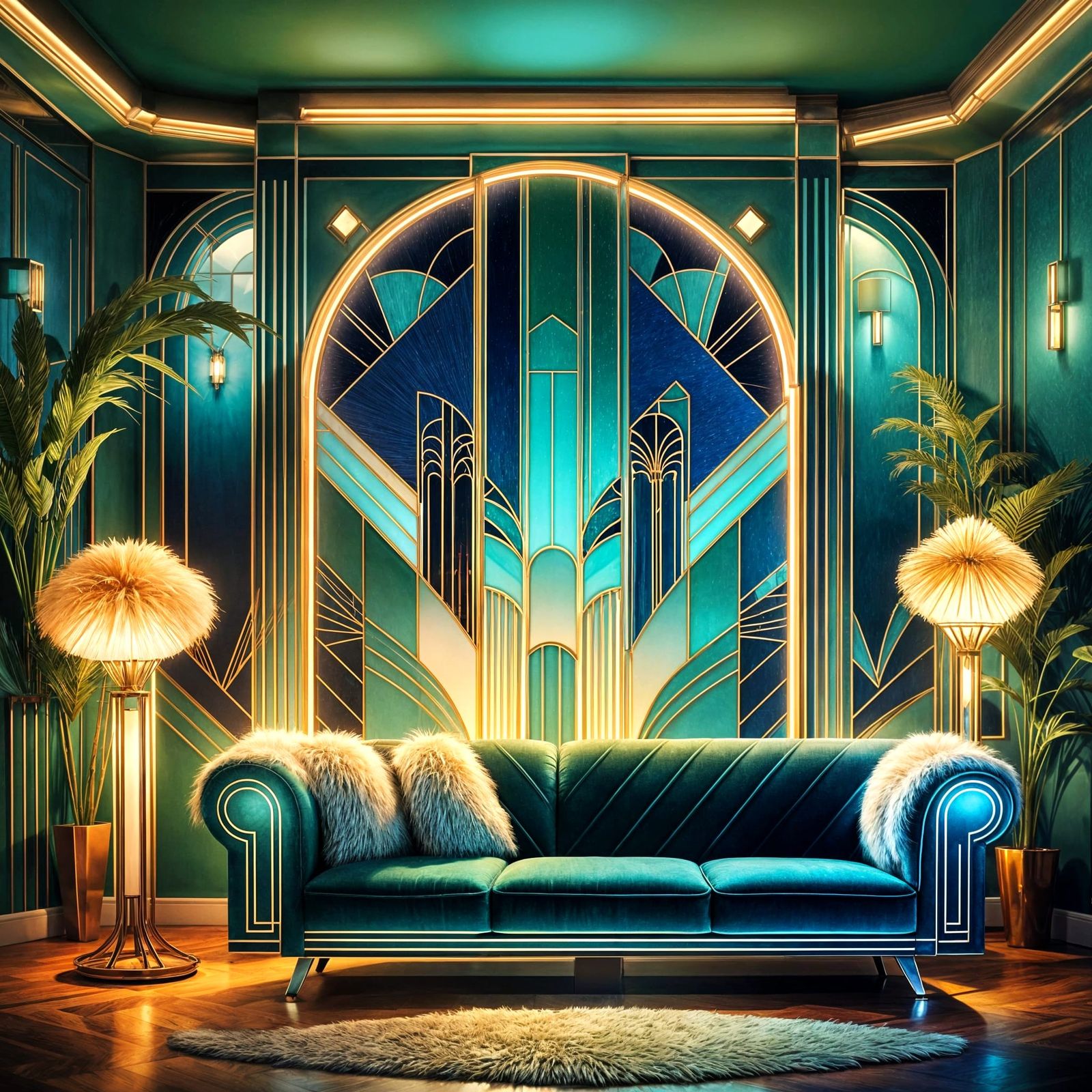Art Deco Living Room with Fox in Digital Art