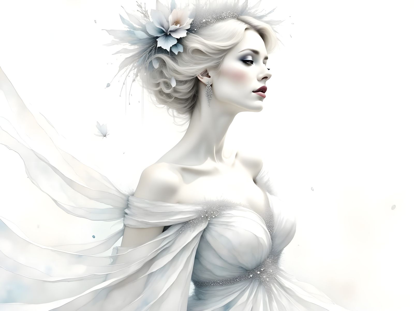 Surreal Woman in Elegant White Dress on White Background