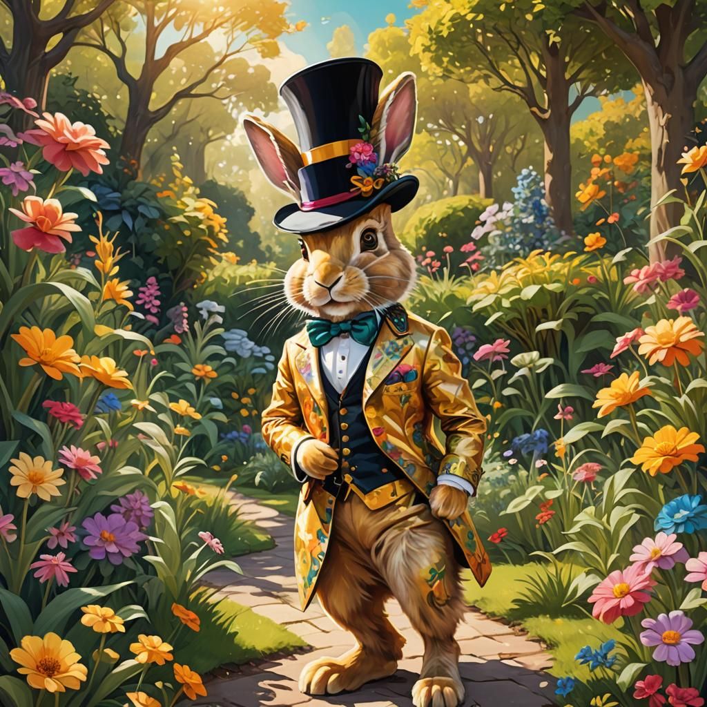 Golden Rabbit in Whimsical Garden: Digital Illustration