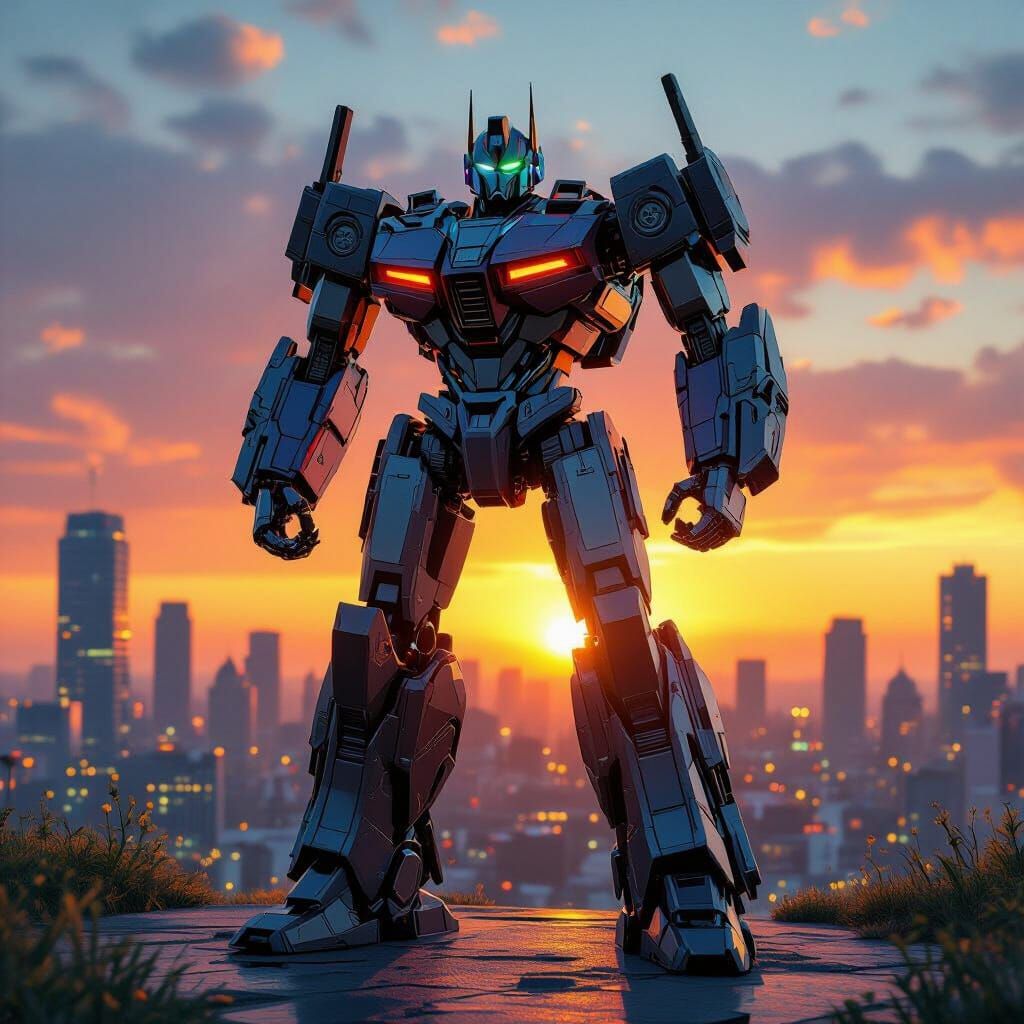 Autobot Transformer in Vibrant Cityscape at Sunset