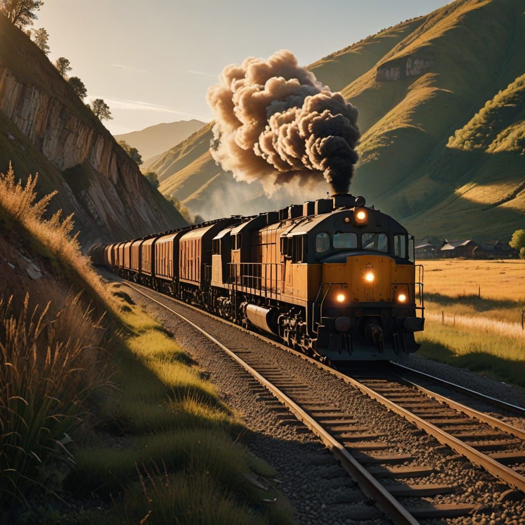 Goods Train Rolls Through a Rustic Valley in Cinematic Style