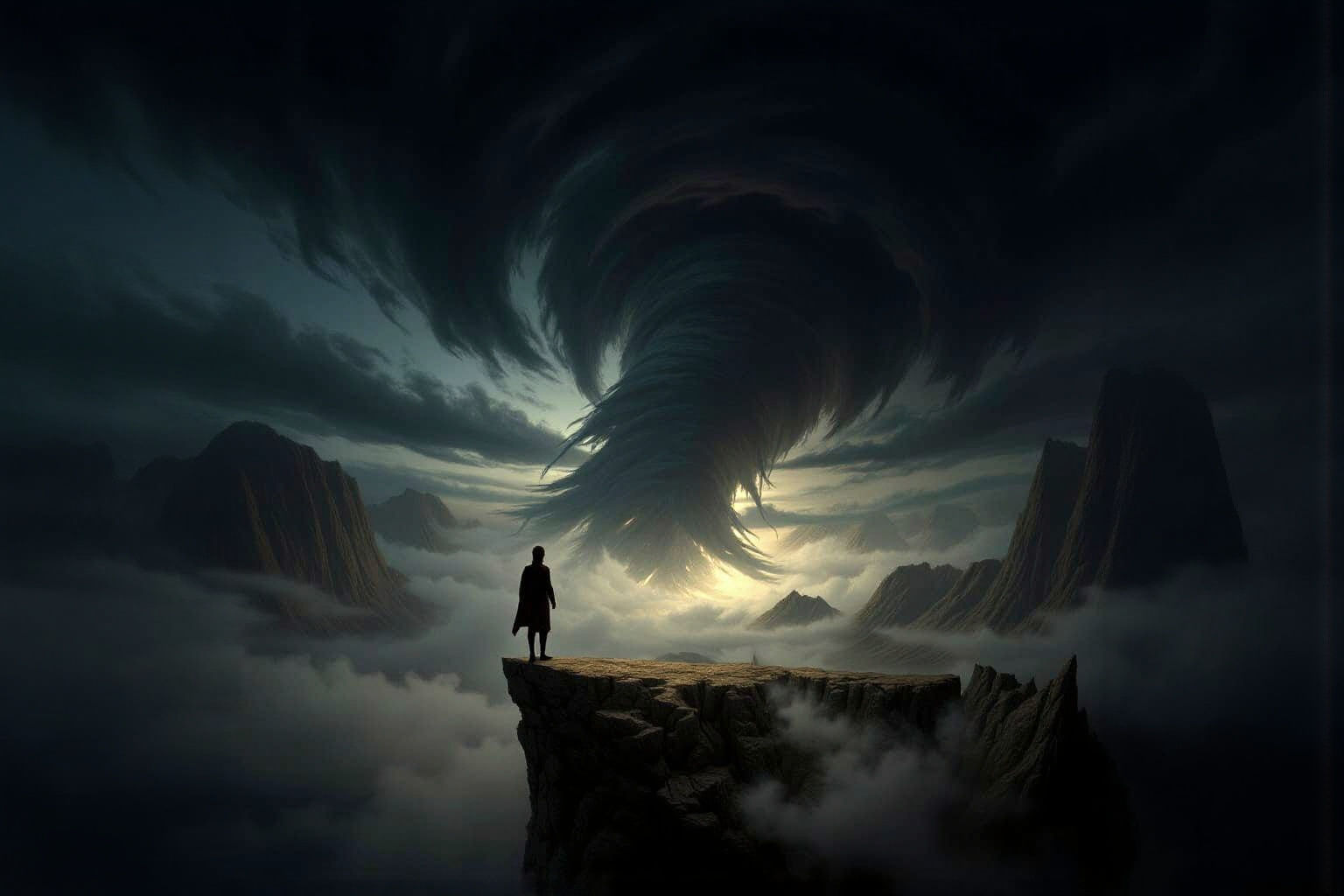 Figure Gazes into Cloud Vortex from Jagged Cliff