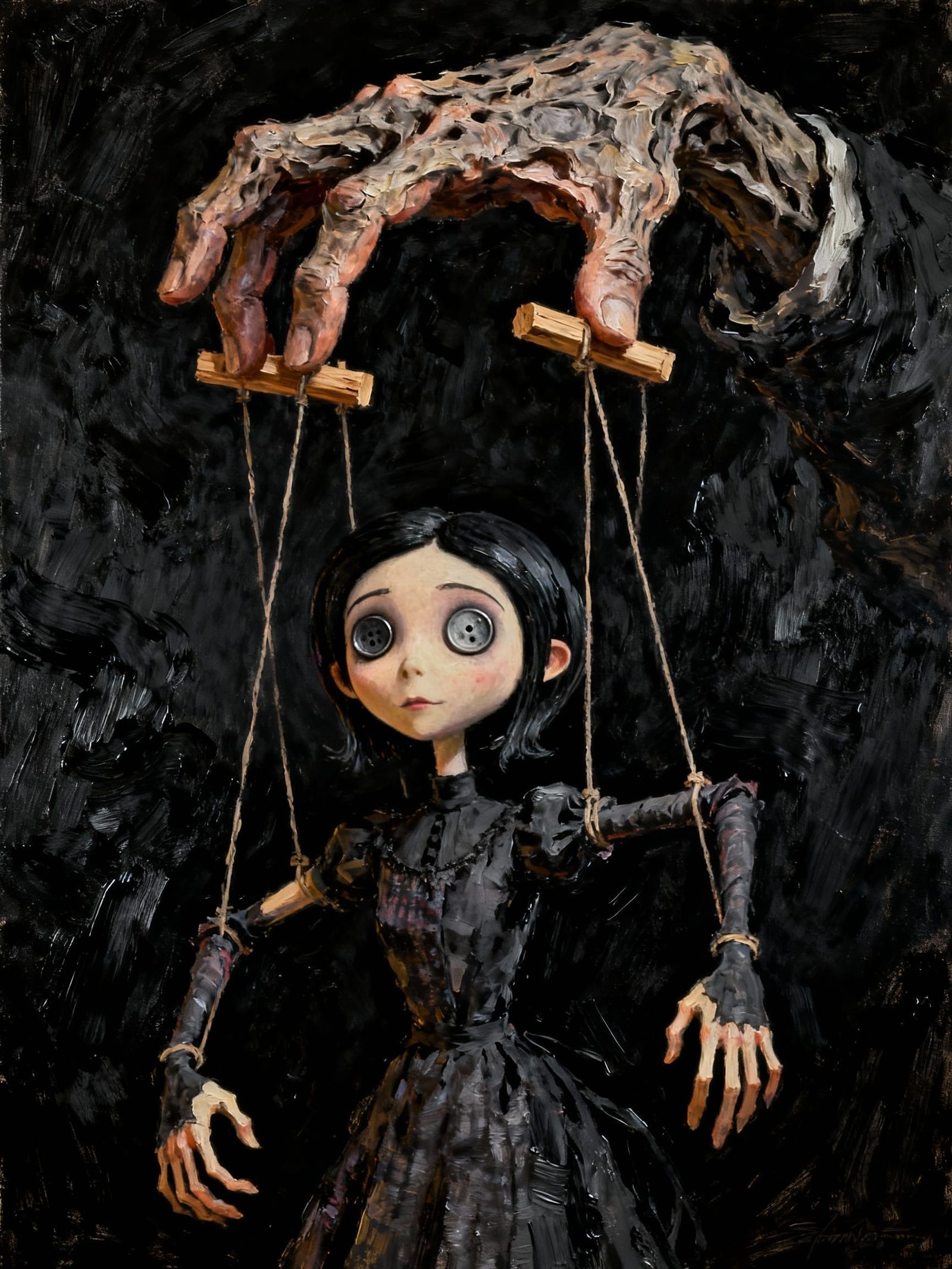 Giant Hand Controls Coraline Puppet with Button Eyes