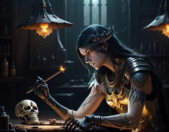 Furry Skeleton Repairs Femur: Dark Fantasy Concept Art