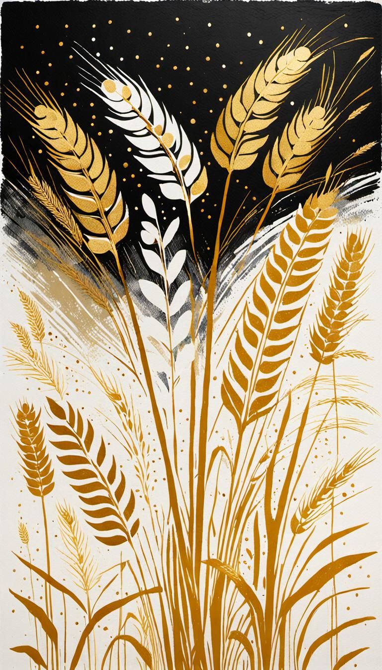 Textured Lino Print of Golden Wheat Fronds