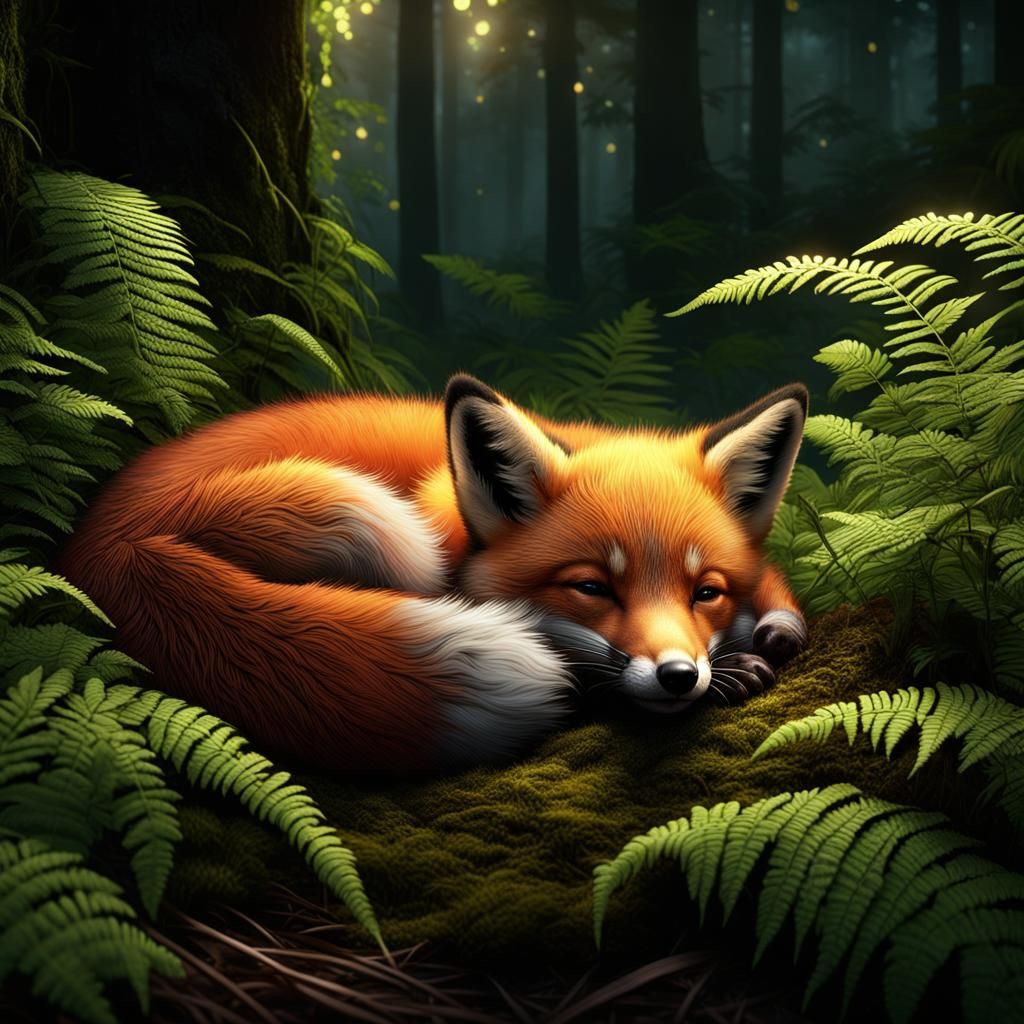 Fluffy Fox Pup As 3D Render Sleeps in Forest