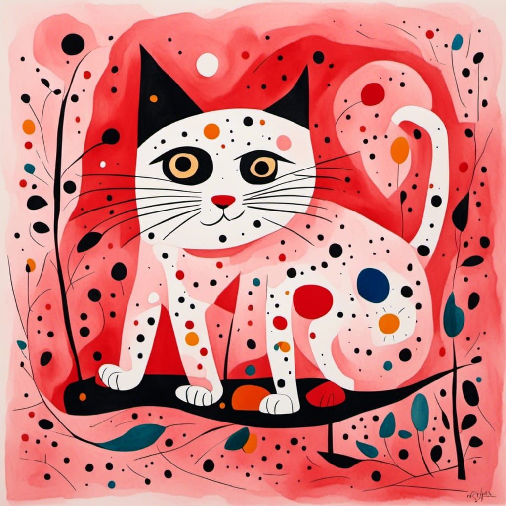 Minimalist Watercolor Pink Cat on Red