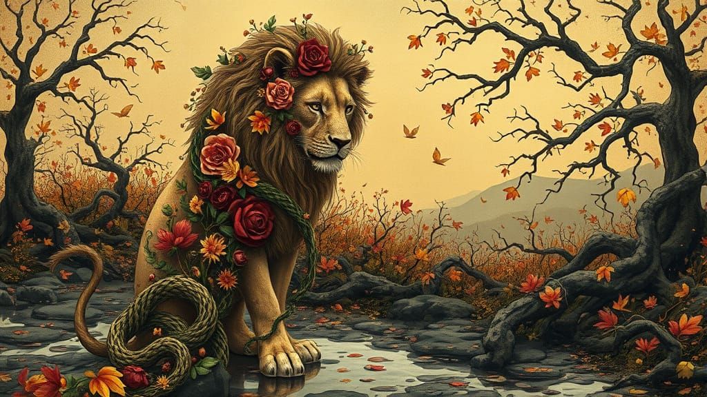 Floral Lion in Decadent Art Nouveau Landscape