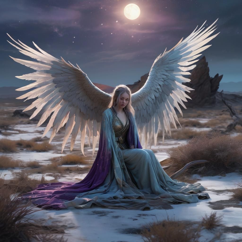 Opalescent Phoenix with Woman in Desolate Landscape