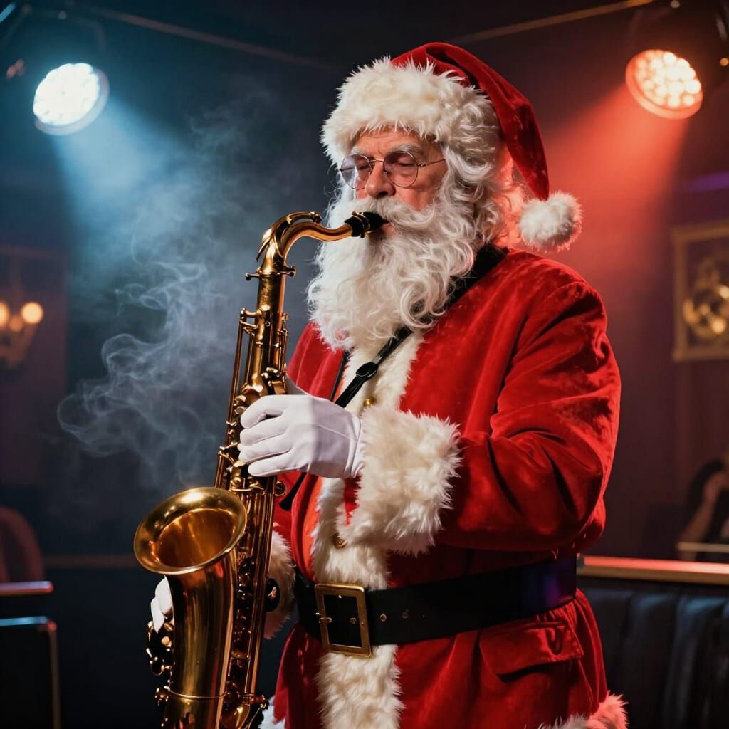 Santa Claus Plays Saxophone in Smoky Jazz Club