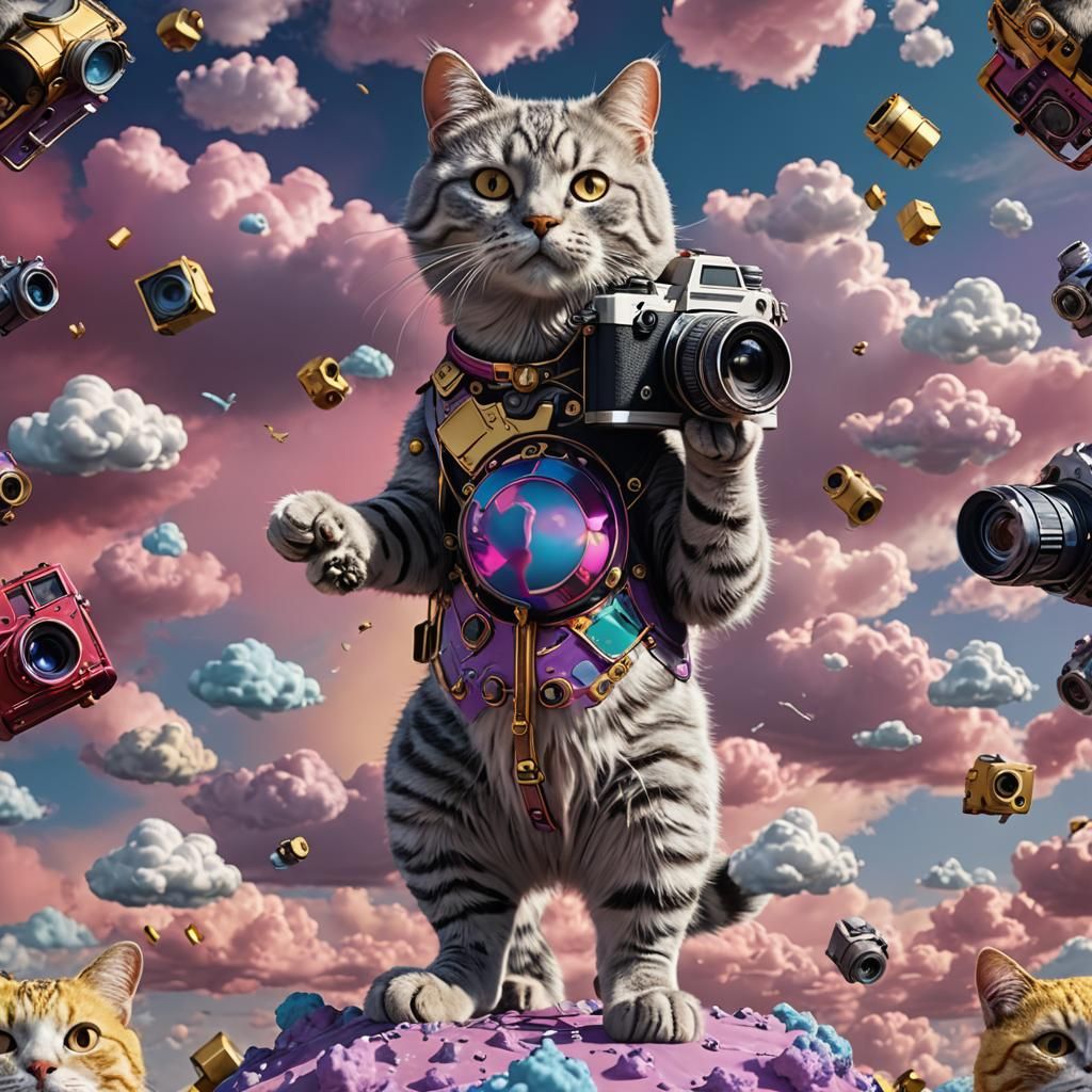 Metallic Cat Photographer in Colorful Cloudy Sky