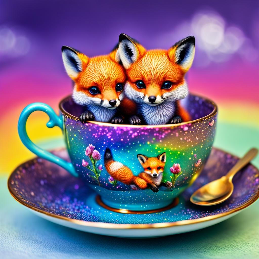 Glitter Rainbow Foxes in Teacup: Hyperrealistic Image
