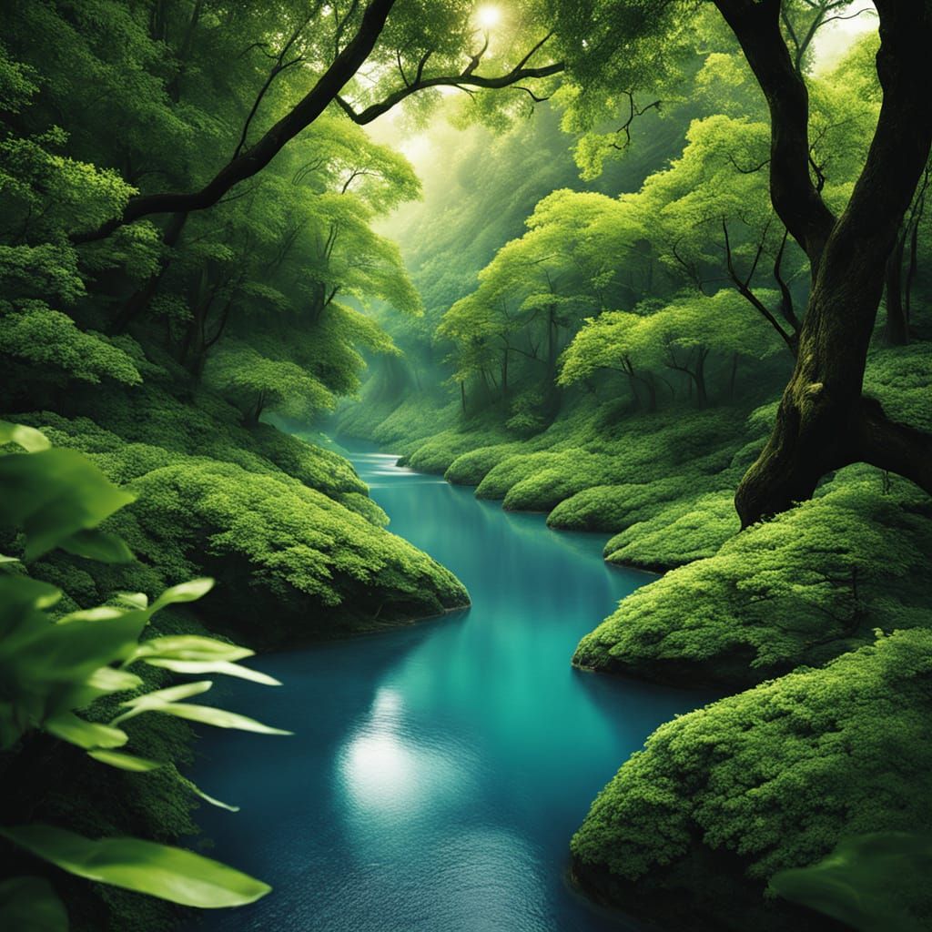 Serene Blue River in a Lush Forest Landscape