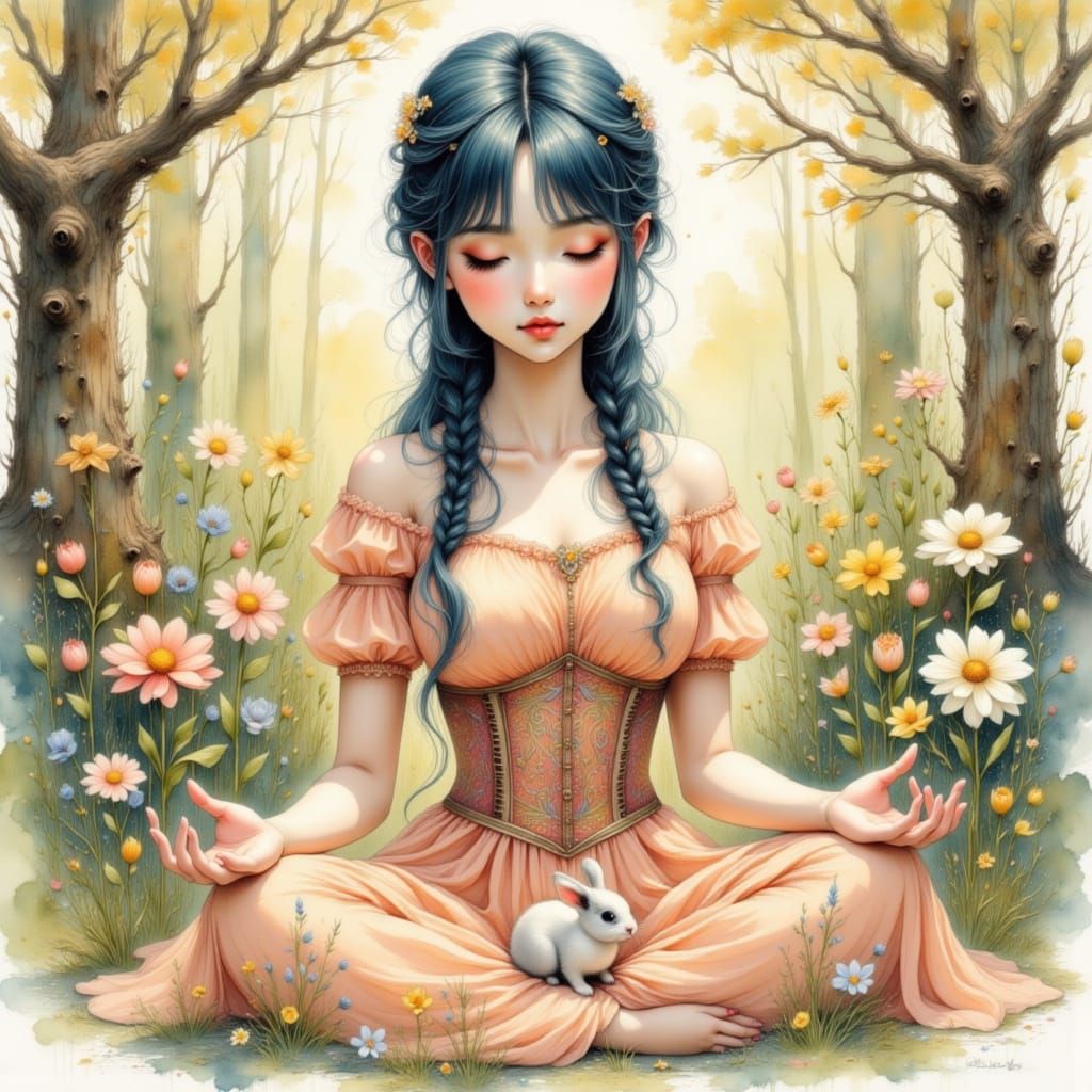 Anime Woman Meditating in Sun-Dappled Woodland