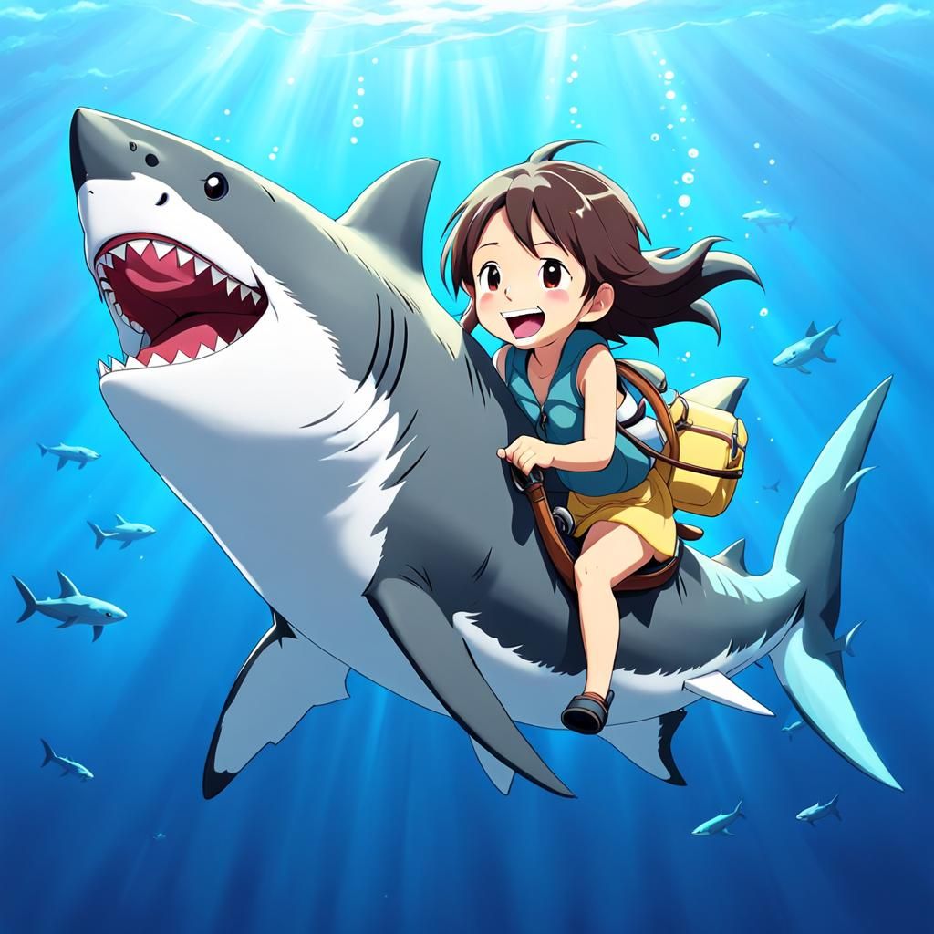 Girl Rides Smiling Shark in Anime Style